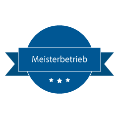 Blaues Siegel mit Sternen und der Aufschrift "Meisterbetrieb"